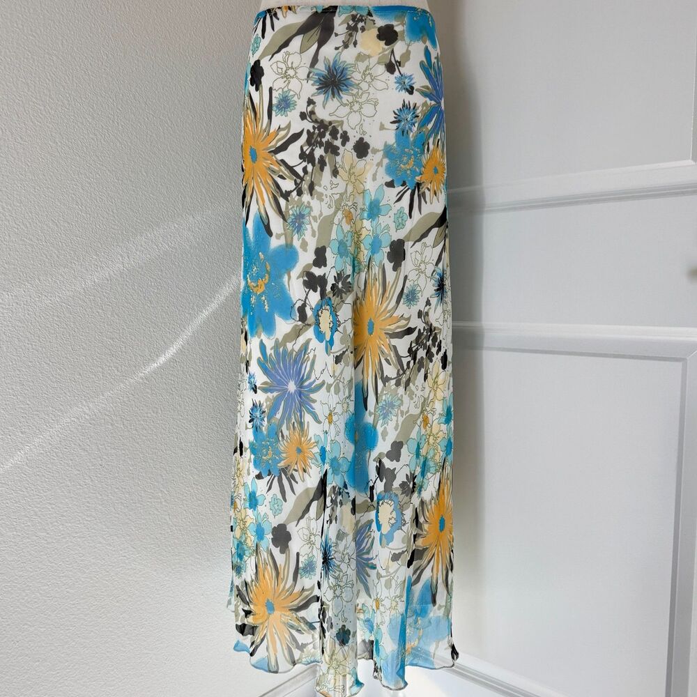 Vintage White/Blue Floral Midi Chiffon Slip Skirt Size XL 90s Whimsy Fairy Core